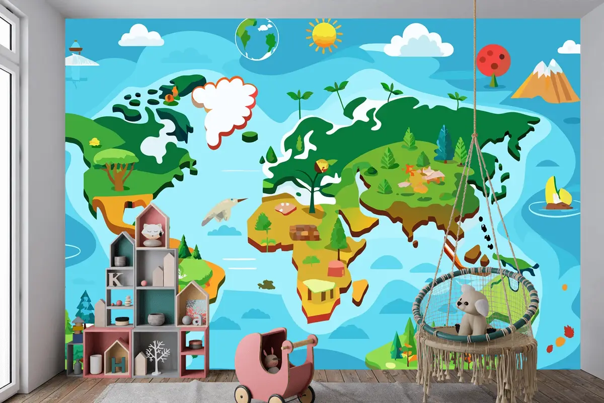 Farklı Ağaç Türleriyle Dünya Haritası İnteraktif Dünya Haritası Çocuk Odası Duvar Kağıdı