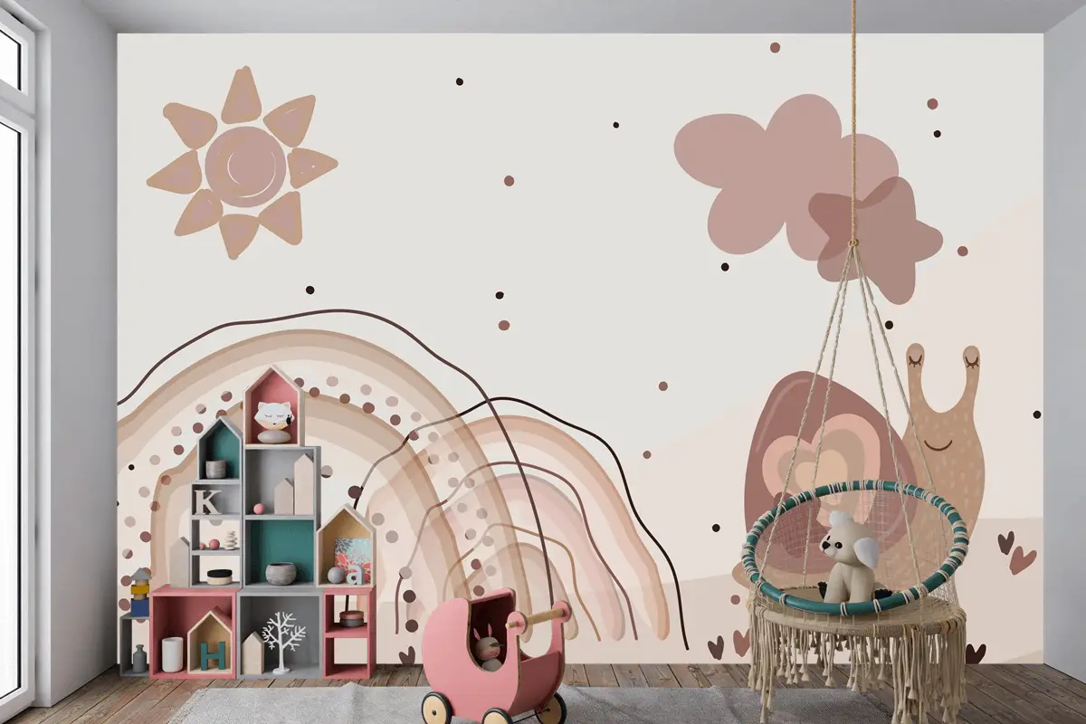 Suluboya Gökkuşağı Ve Salyangoz Bej Çocuk Odası Duvar Kağıdı