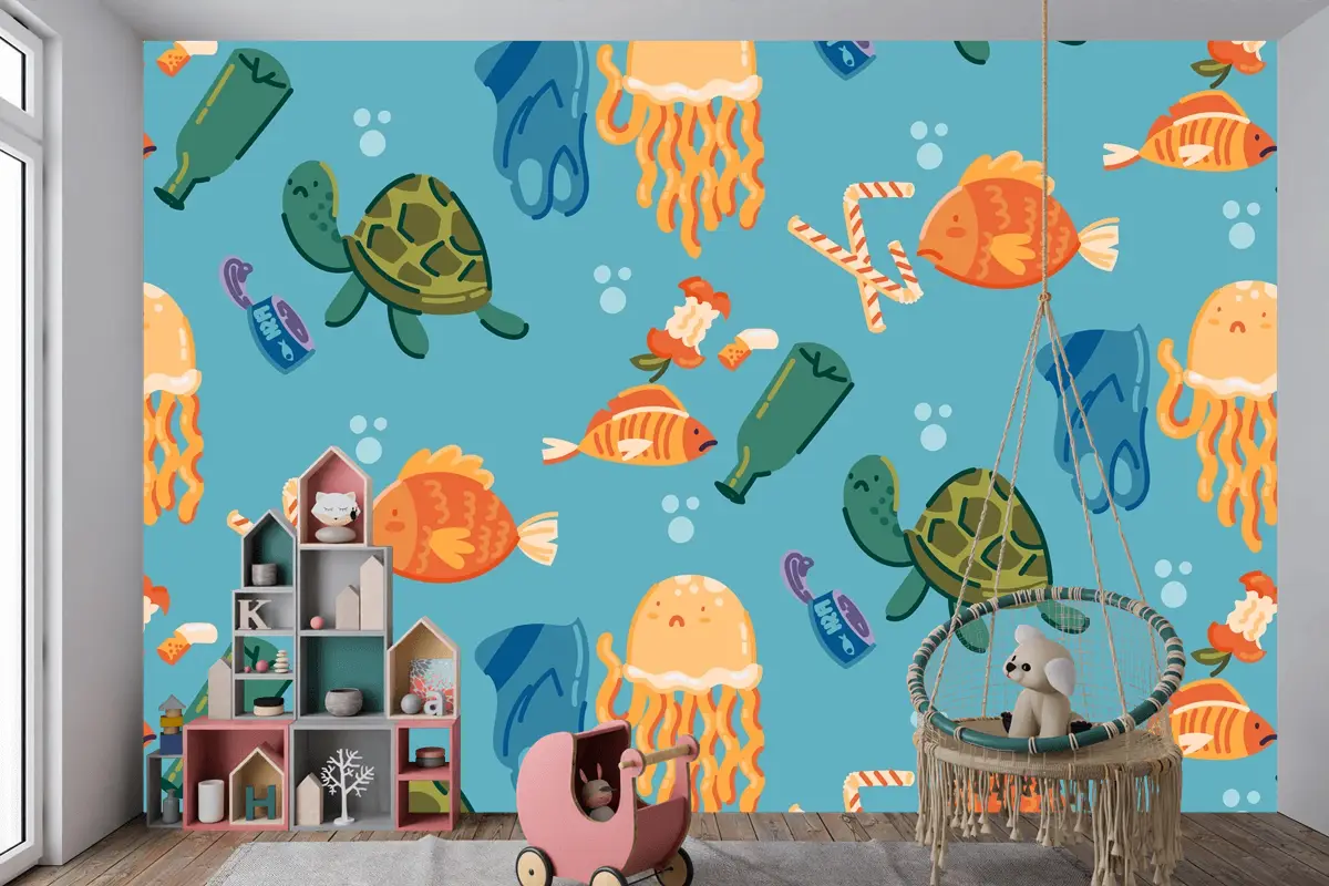 Elle Çizilmiş Okyanusları Kurtar Desen Çocuk Odası Duvar Kağıdı 