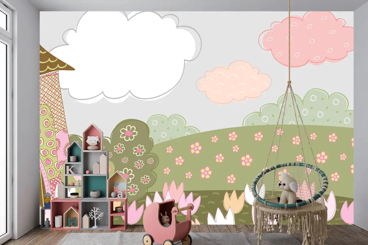 Desenli Dekoratif Şehir Çocuk Odası Duvar Kağıdı