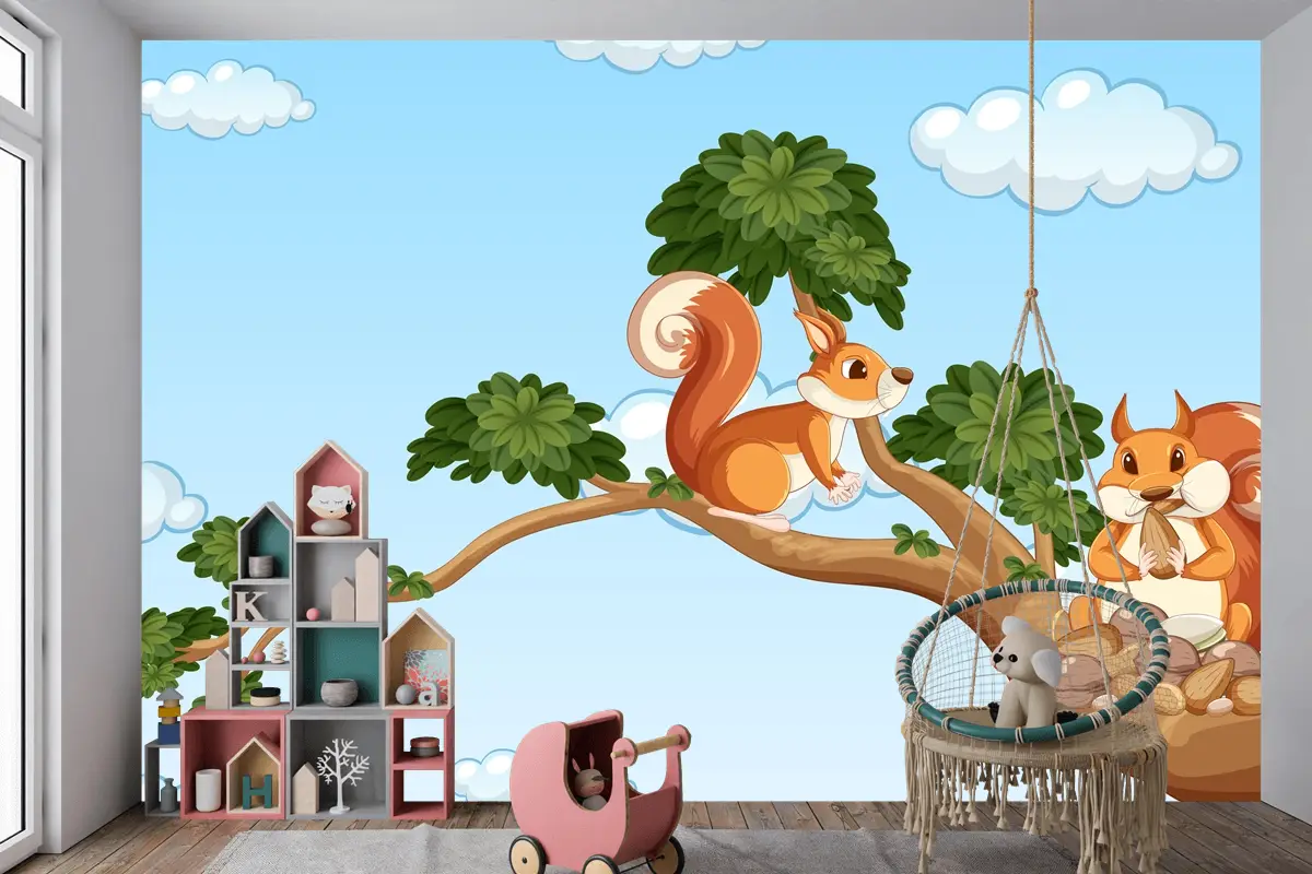 Daldaki İki Sincap Çocuk Odası Duvar Kağıdı