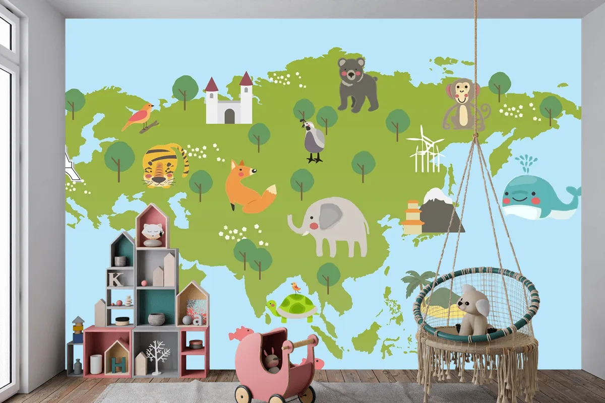 Yaban Hayatı Habitatlarının Çizim Stili Seti Çocuk Odası Duvar Kağıdı