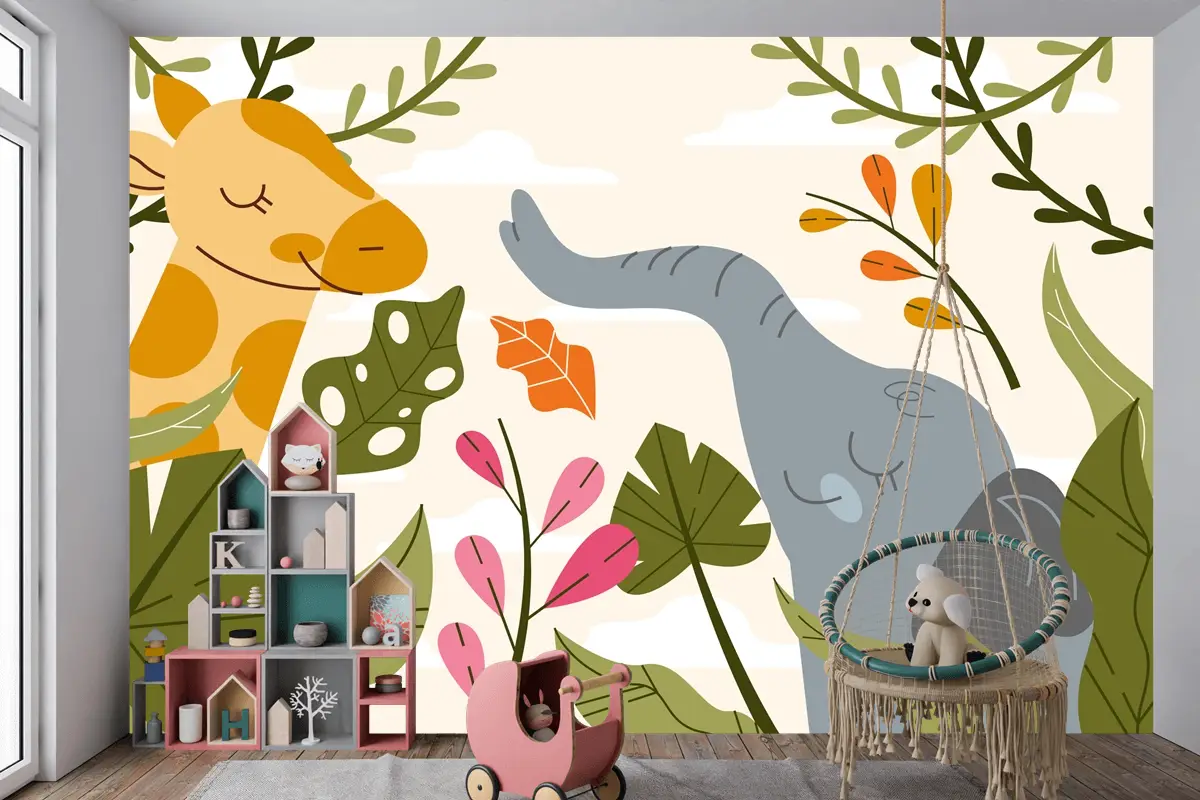 Elle Çizilmiş Yaban Hayatı Arka Plan Çocuk Odası Duvar Kağıdı 