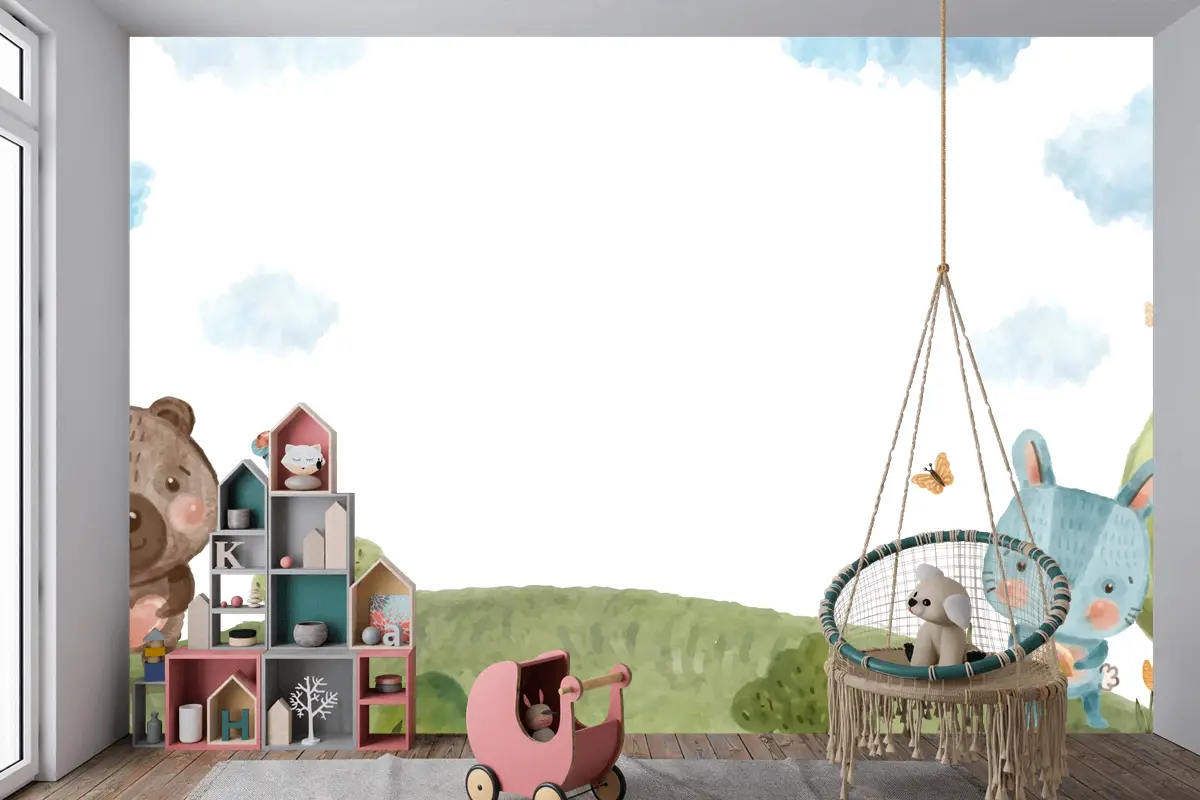 Suluboya Yaban Hayatı Arka Plan Çocuk Odası Duvar Kağıdı 