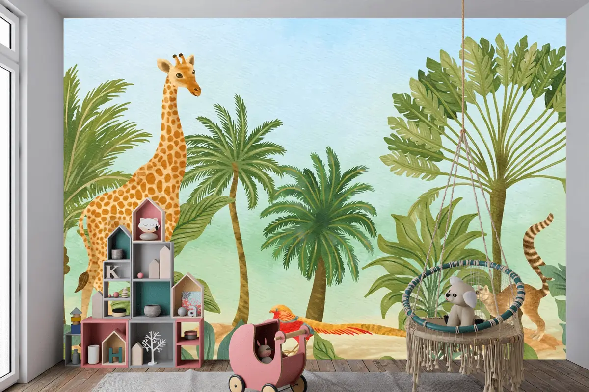 Suluboya Yaban Hayatı Arka Plan Çocuk Odası Duvar Kağıdı 