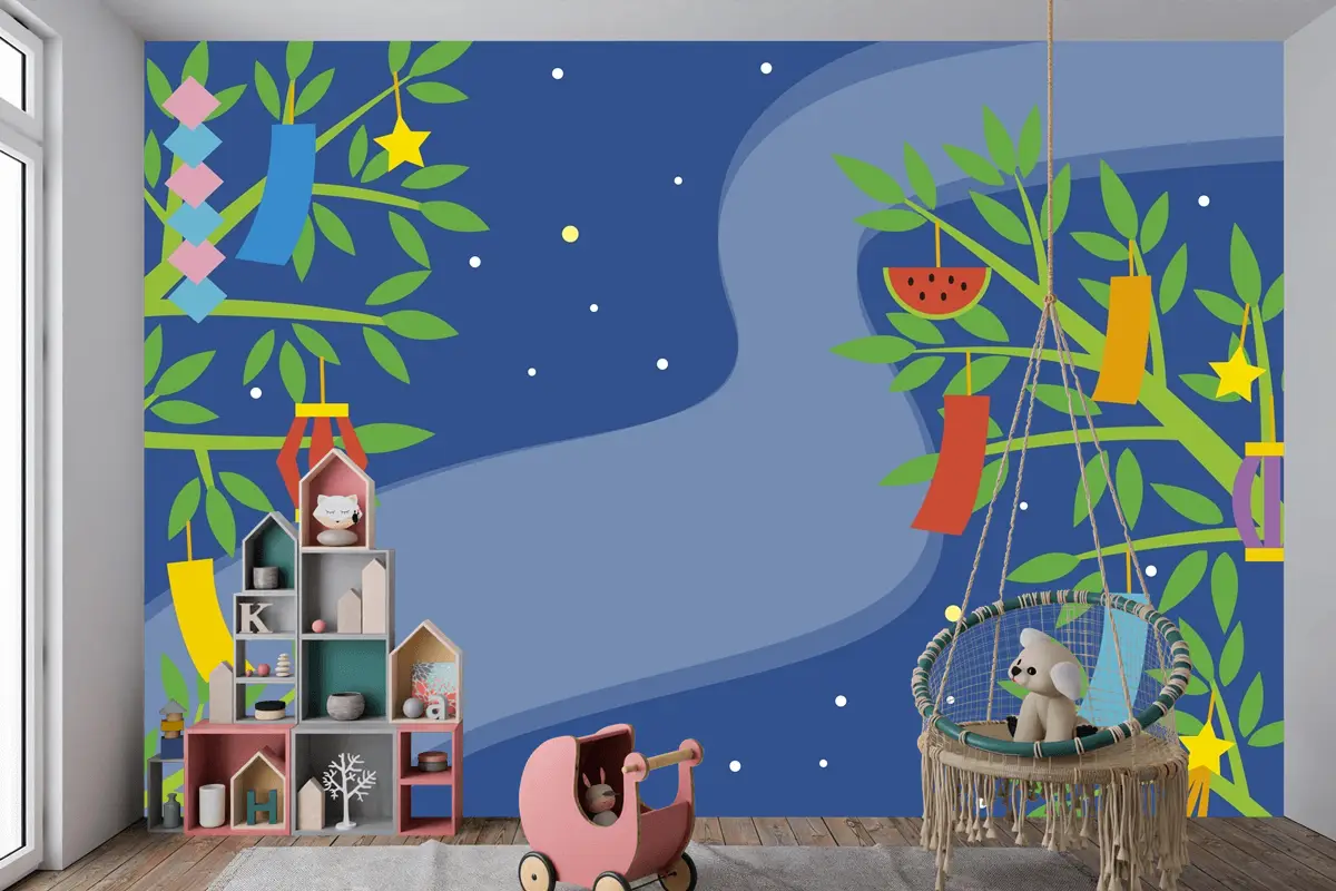 Dallarda Süslemeli Düz Tanabata Arkaplan Çocuk Odası Duvar Kağıdı