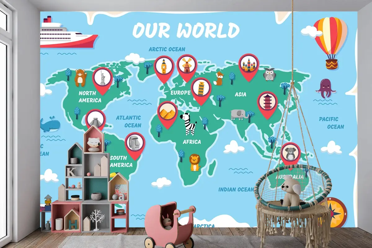 Elle Çizilmiş Çocuk Haritası Çocuk Odası Duvar Kağıdı