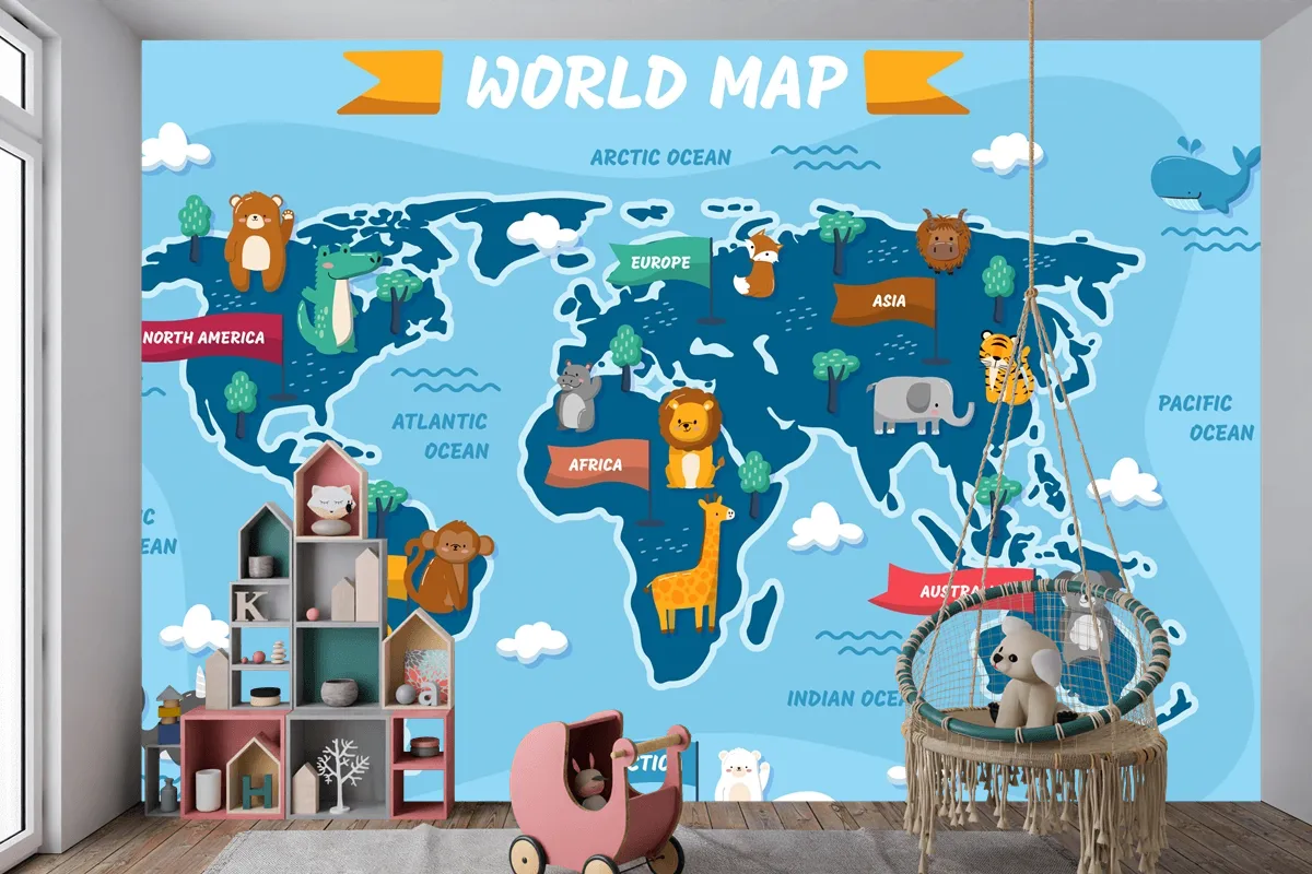 Elle Çizilmiş Çocuk Haritası Çocuk Odası Duvar Kağıdı
