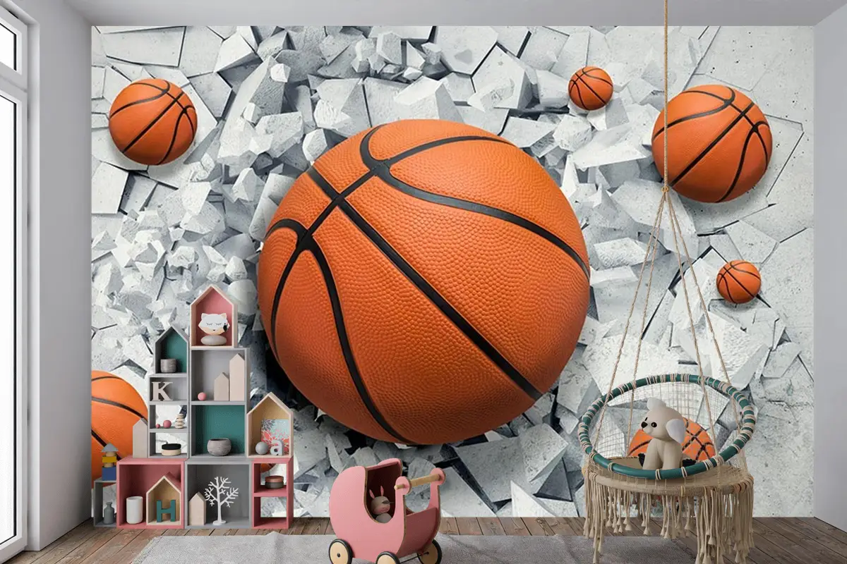 3 Boyutlu Çatlak Duvar Içinde Basketbol Topu Çocuk Odası Duvar Kağıdı