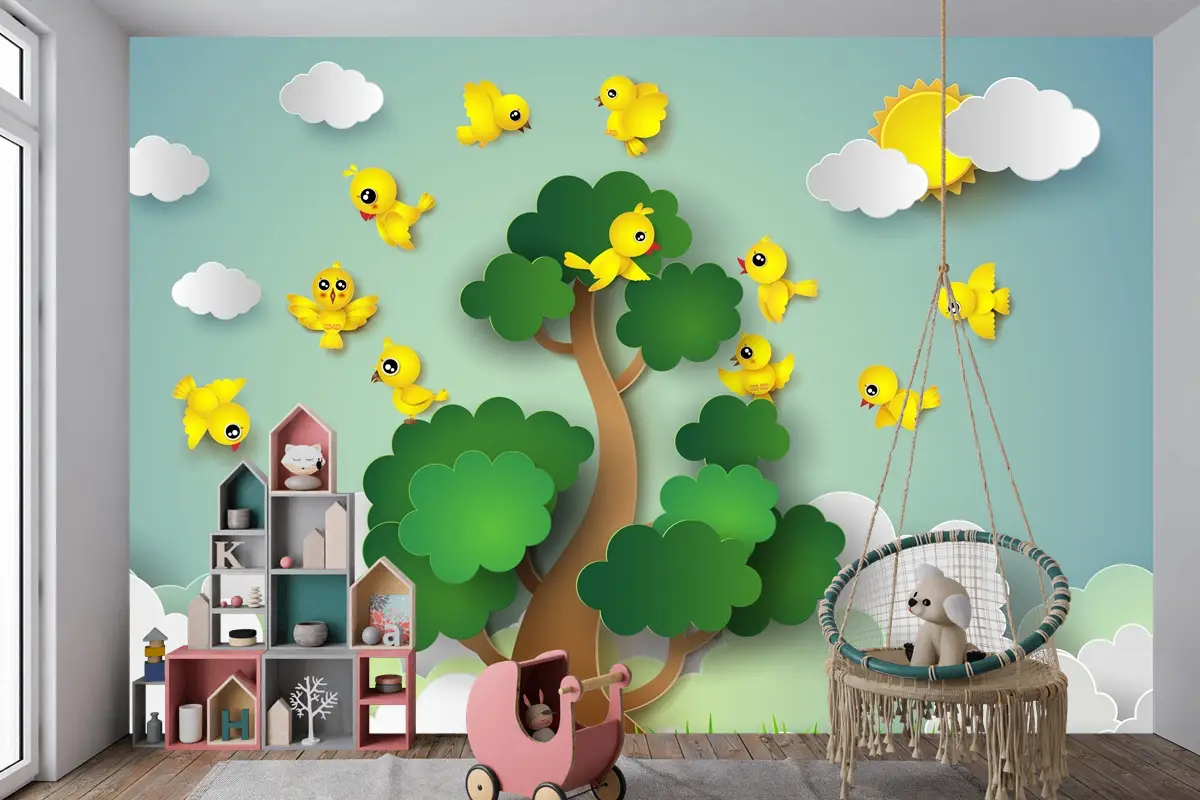 Ağacın Etrafında Uçan Kuş Çocuk Odası Duvar Kağıdı