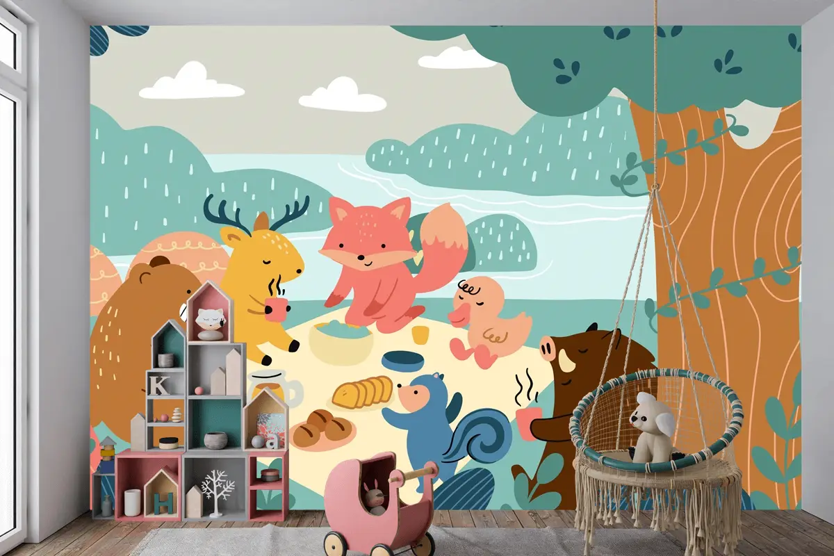 Düz Dünya Hayvan Günü Çocuk Odası Duvar Kağıdı 