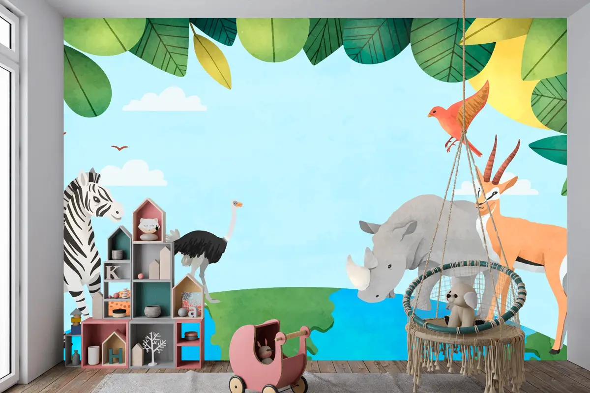 Suluboya Dünya Hayvan Günü Arka Plan Çocuk Odası Duvar Kağıdı 