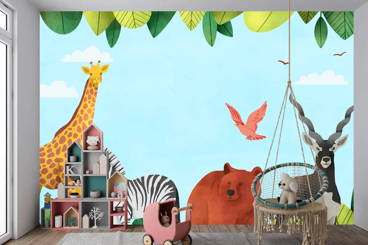 Suluboya Dünya Hayvan Günü Arka Plan Çocuk Odası Duvar Kağıdı 