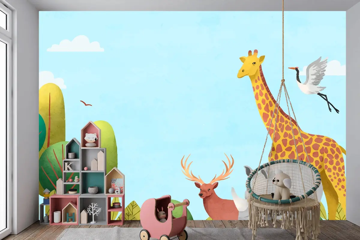Suluboya Dünya Hayvan Günü Arka Plan Çocuk Odası Duvar Kağıdı 