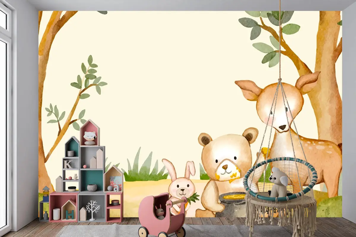 Suluboya Orman Hayvanları Arka Plan Çocuk Odası Duvar Kağıdı 
