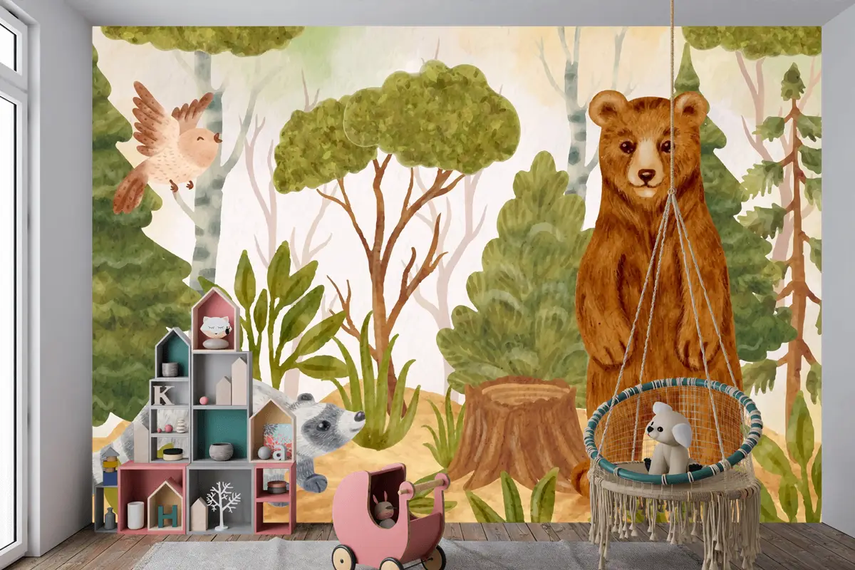 Suluboya Orman Hayvanları Arka Plan Çocuk Odası Duvar Kağıdı 