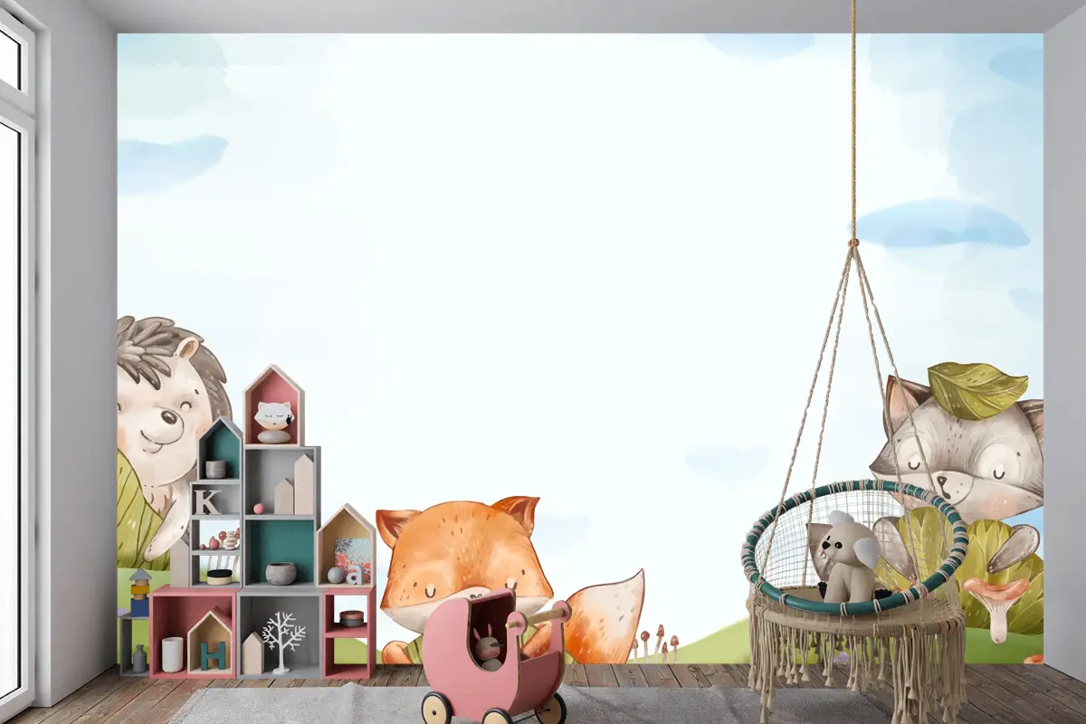 Suluboya Orman Hayvanları Arka Plan Çocuk Odası Duvar Kağıdı 