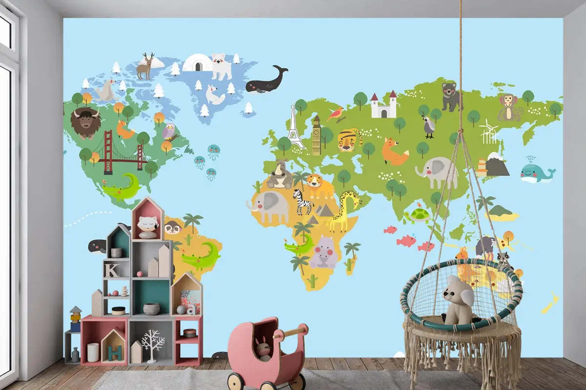 Hayvan Dünya Haritası Çocuk Odası Duvar Kağıdı