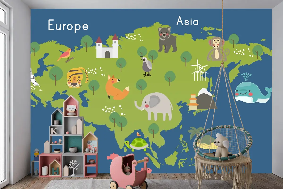 Yaban Hayatı Habitatlarının Çizim Stili Seti Çocuk Odası Duvar Kağıdı