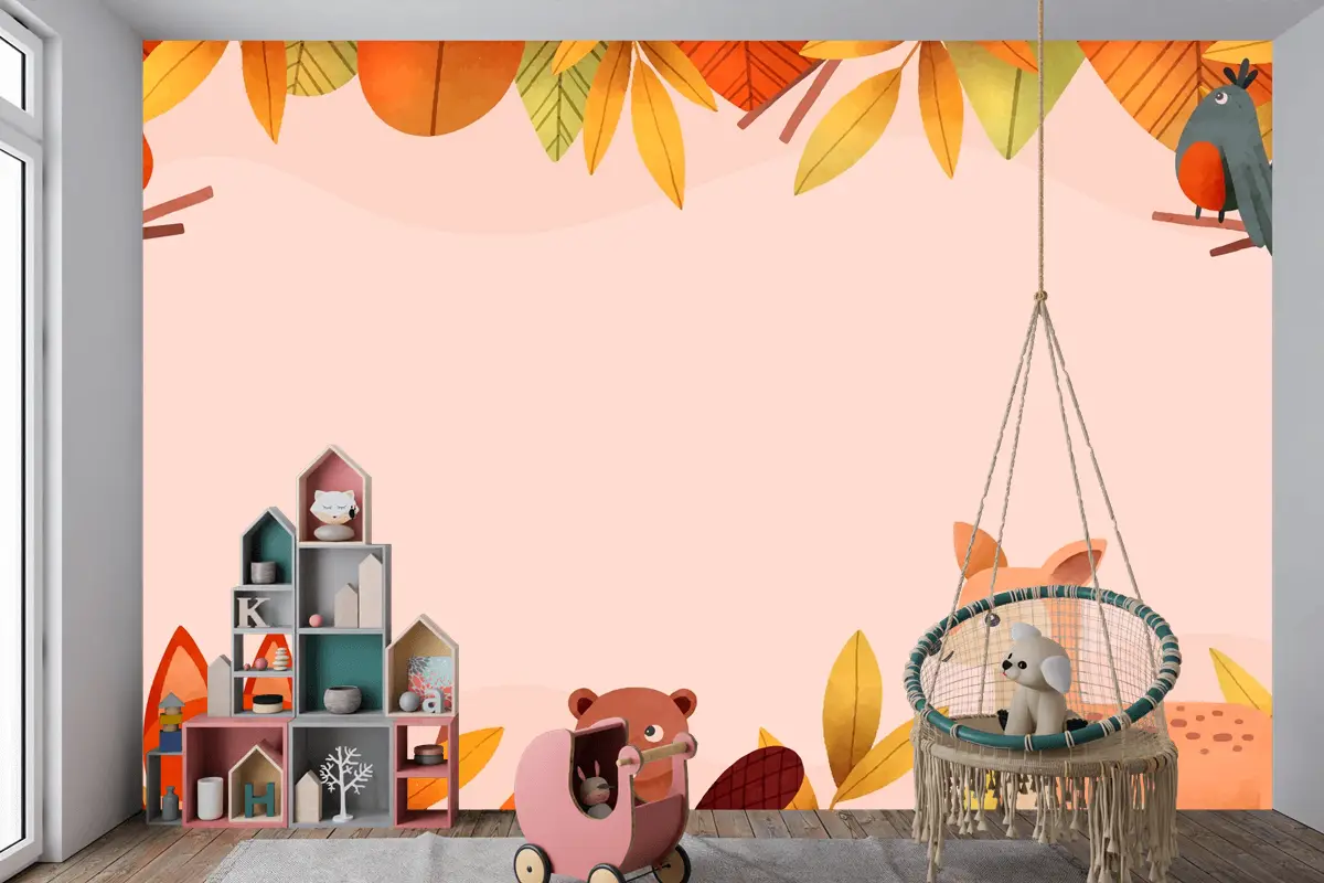 Suluboya Orman Hayvanı Ve Yaprakları Çocuk Odası Duvar Kağıdı 