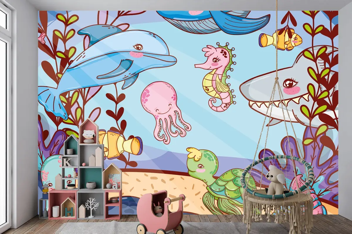 Sudaki Deniz Yaşamı Çocuk Odası Duvar Kağıdı 