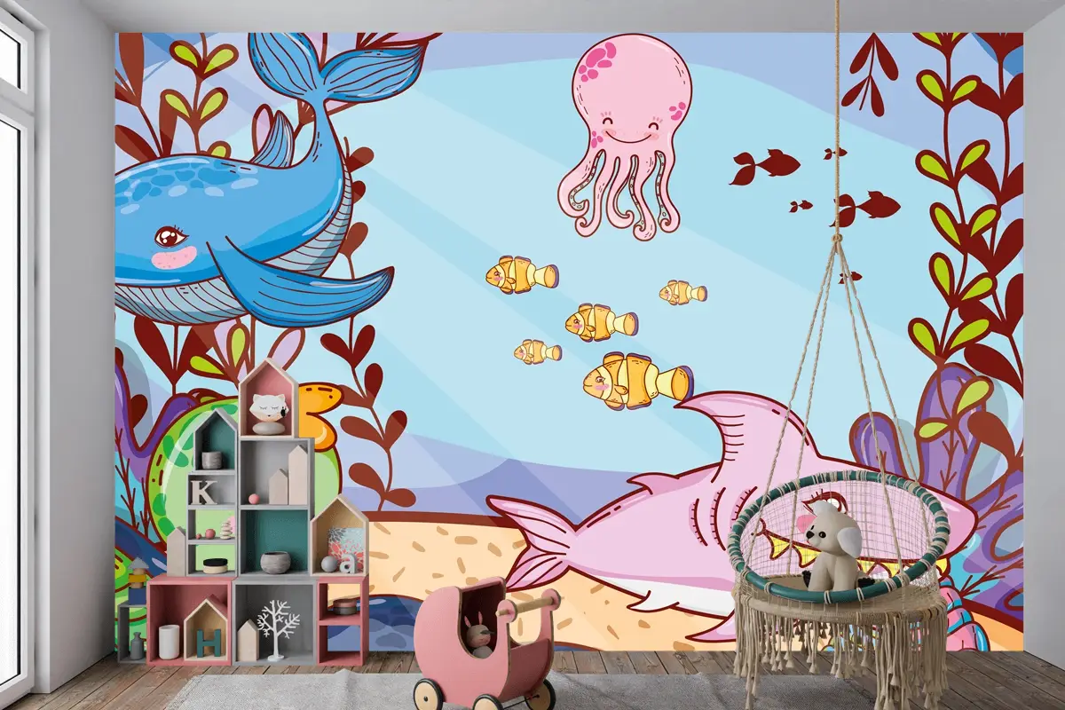 Deniz Yosunu Bitkileri Ile Sevimli Deniz Hayvanları Çocuk Odası Duvar Kağıdı