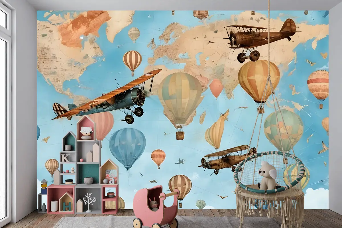 Sıcak Hava Balonu Çocuk Odası Duvar Kağıdı  Ile 3D Görünümlü Çocuk Dünya Haritası