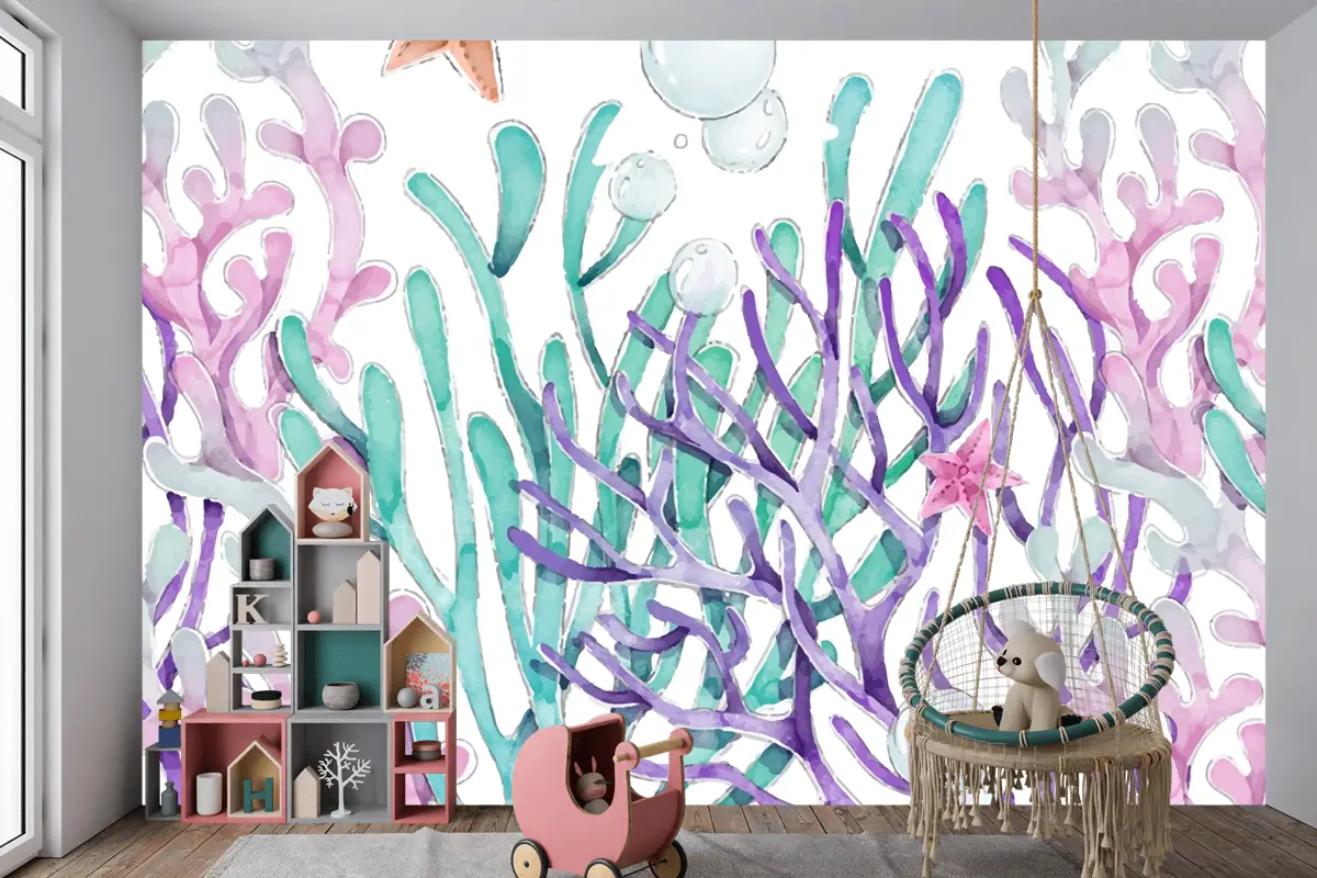 Suluboya Renkli Mercan Arka Plan Çocuk Odası Duvar Kağıdı 