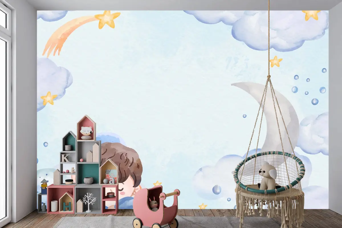 Suluboya Erkek Bebek Arka Plan Çocuk Odası Duvar Kağıdı 