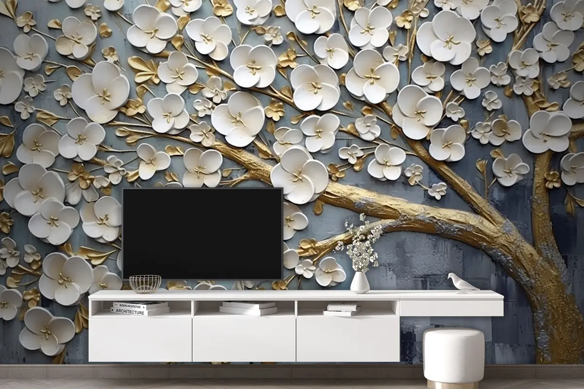 Soyut Sanatsal Arka Plan Çiçekler Dallar Altın Ve Tuval Boyama Duvar Kağıdı Duvar