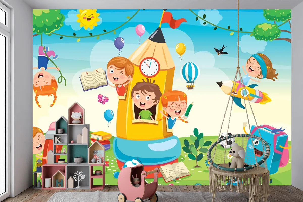 Kalem Evinde Oynayan Sevimli Çocuklar Çocuk Odası Duvar Kağıdı