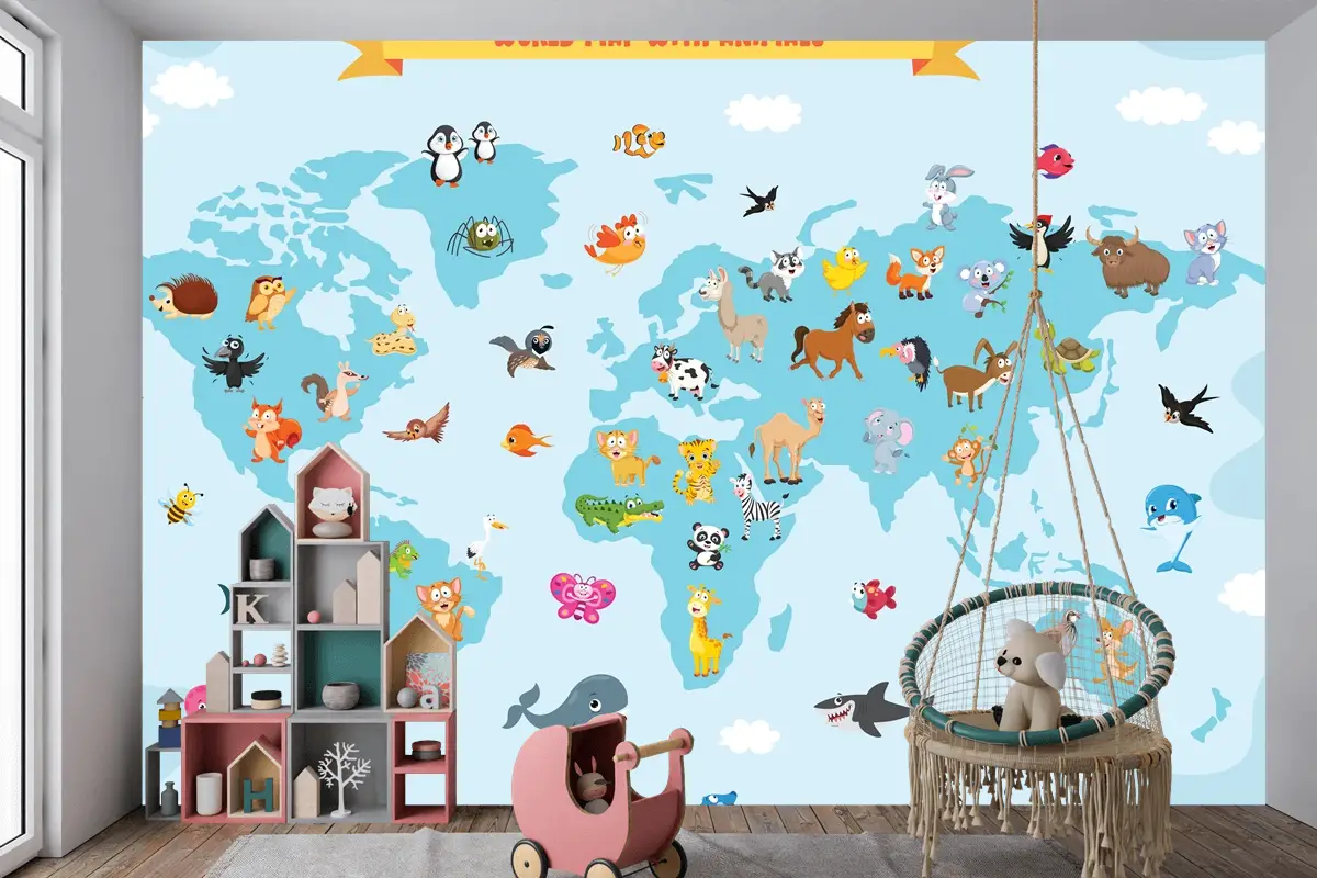 Karikatür Hayvanlı Dünya Haritası Çocuk Odası Duvar Kağıdı