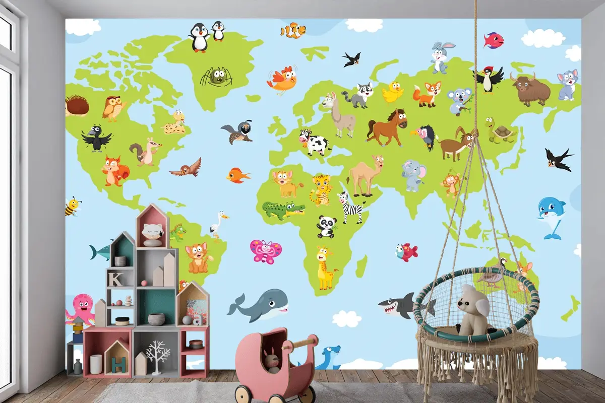 Karikatür Hayvanlı Dünya Haritası Çocuk Odası Duvar Kağıdı