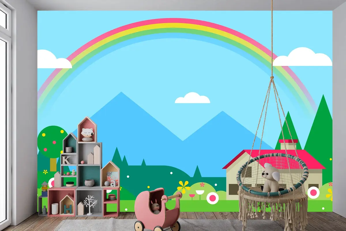 Ev Ve Gökkuşağı Çocuk Odası Duvar Kağıdı  Ile Bahar Manzarası