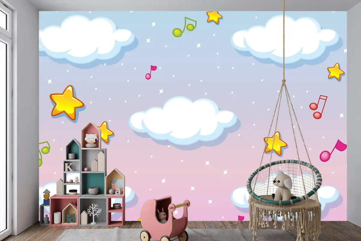 Melodi Temalı Çocuk Odası Duvar Kağıdı  Ile Pastel Gökyüzü Arka Planında Boş Bulutlar
