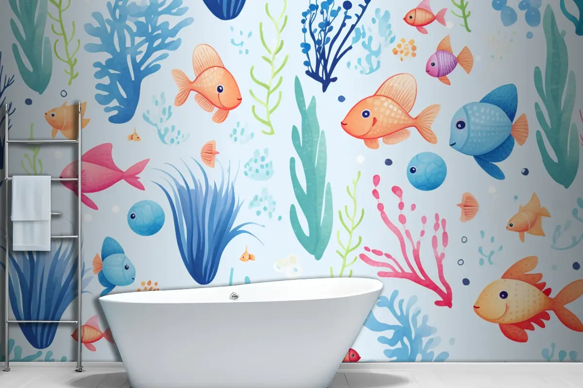 Balıklar Ve Mercanlarla Renkli Bir Sualtı Sahnesi Banyo Duvar Kağıdı