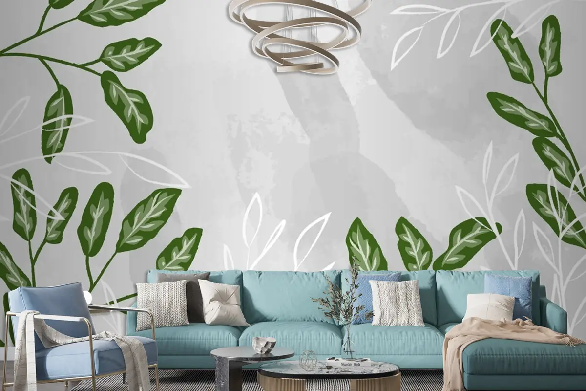 Suluboya Oturma Odası Duvar Kağıdı  Ile Detaylı Yapraklar