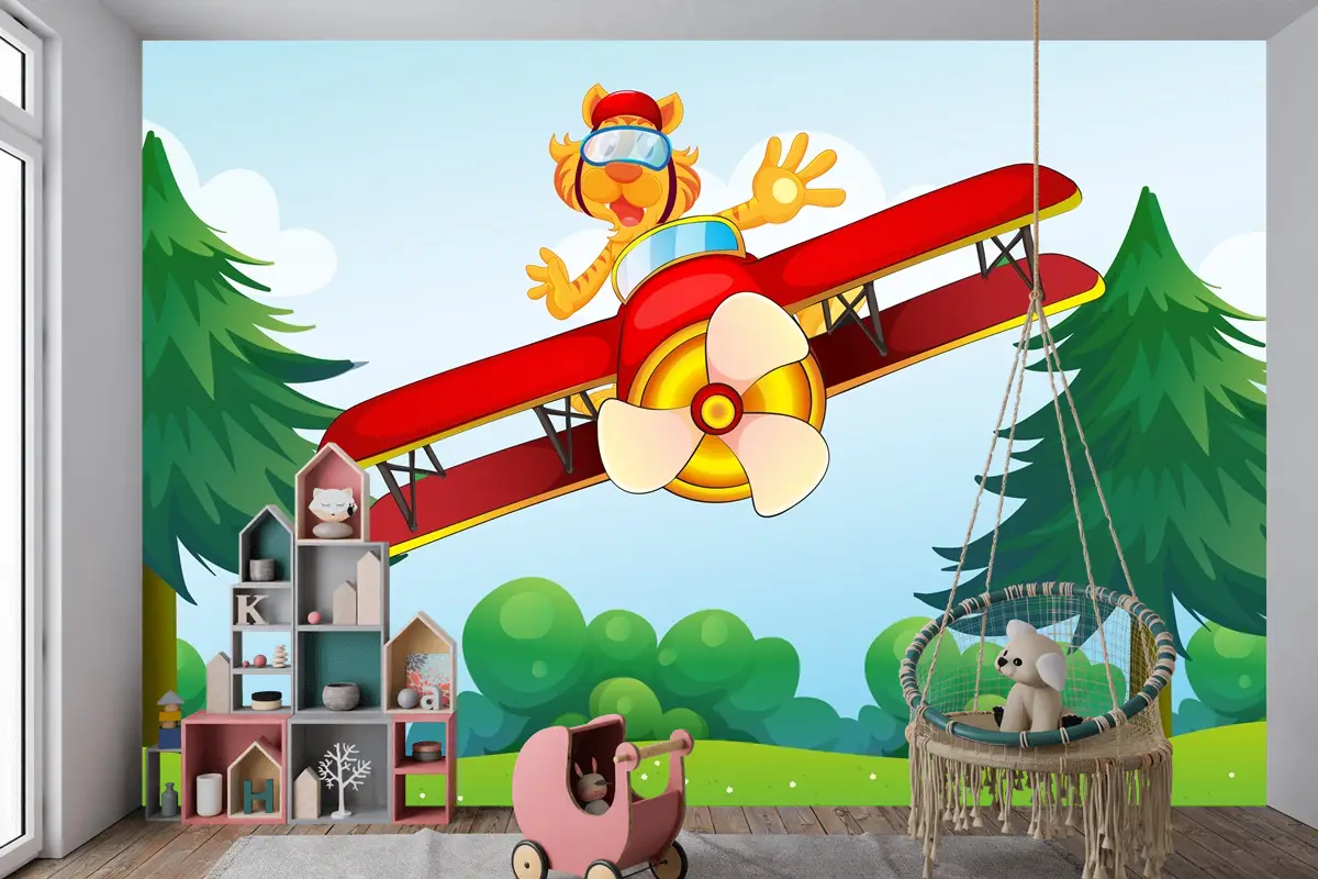 Uçağa Binen Övünen Kaplan Çocuk Odası Duvar Kağıdı