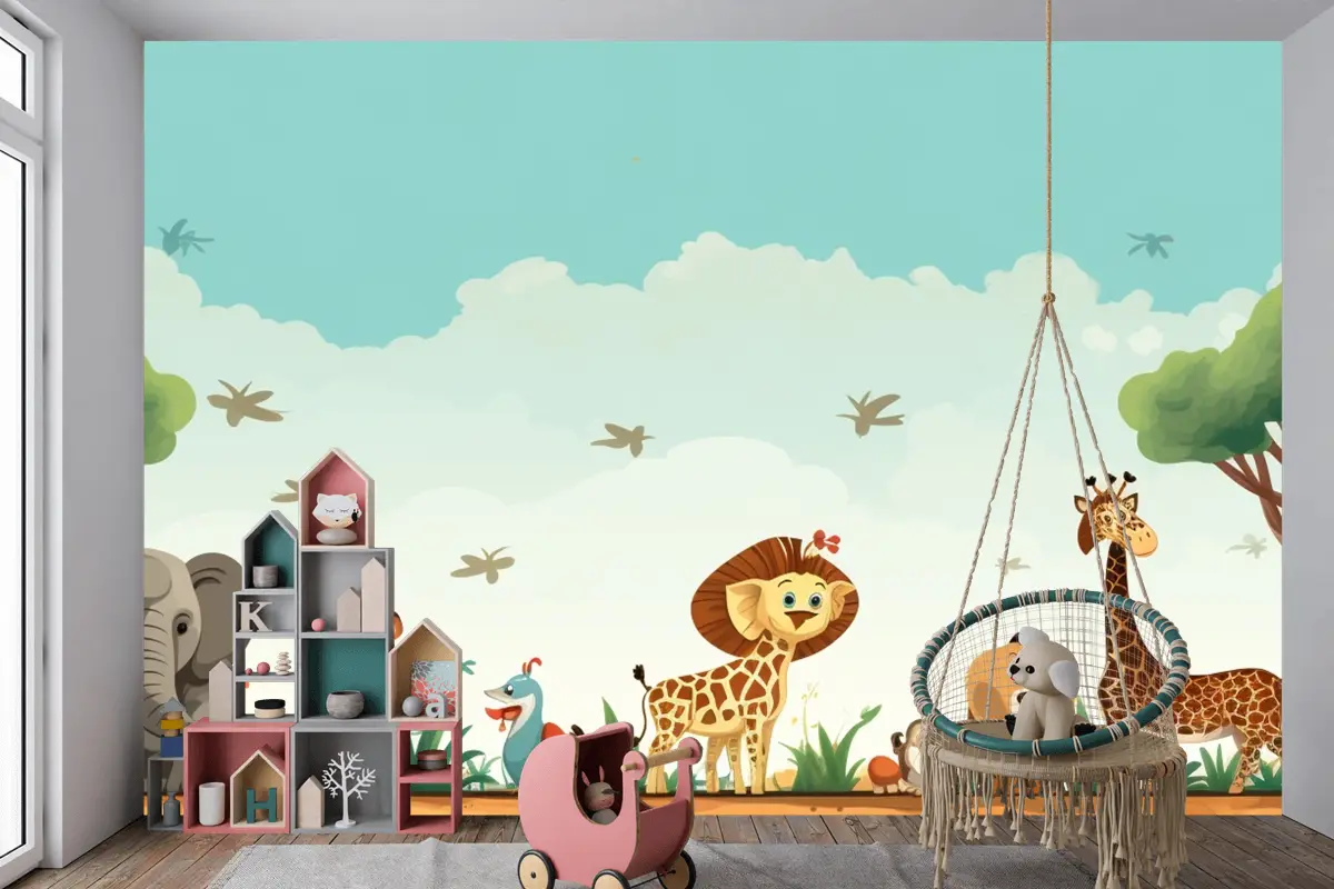Hayvanların Bulunduğu Bir Tarlada Zürafalar Ve Zürafaların Karikatürü Çocuk Odası Duvar Kağıdı