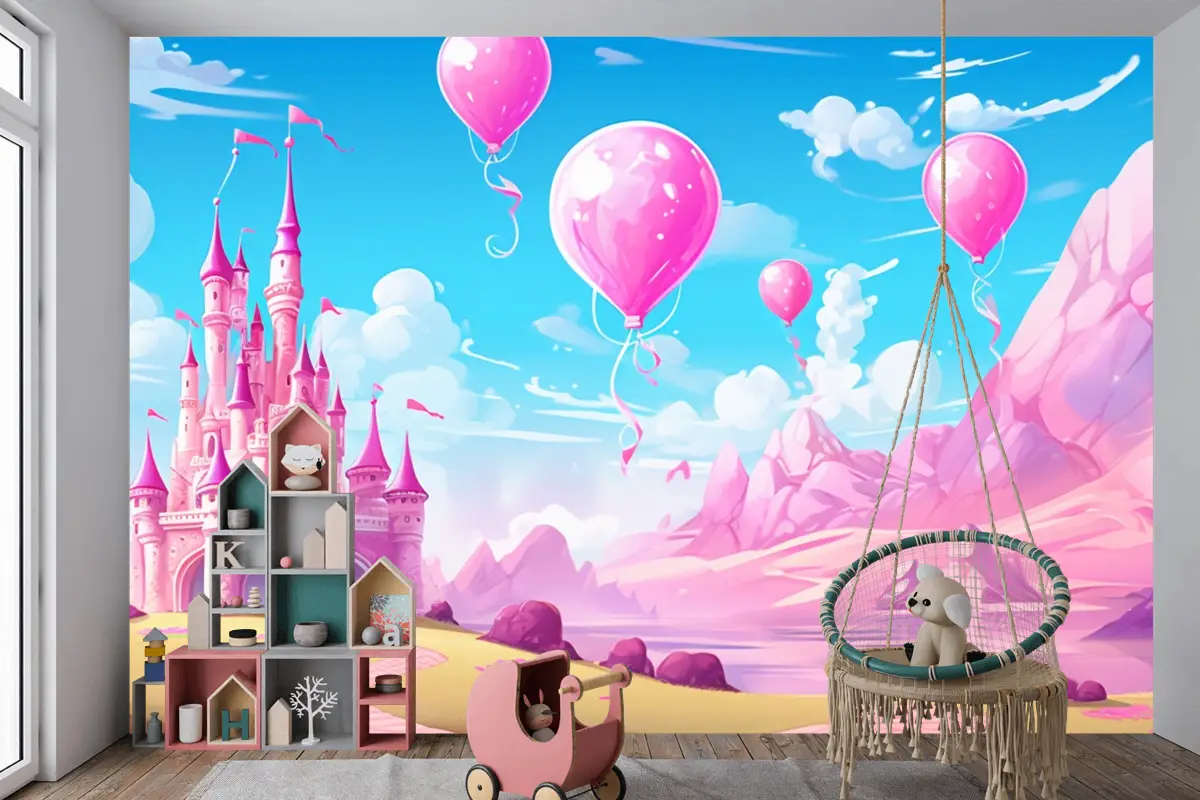 Balonlu Kale Ve Arka Planda Kale Çocuk Odası Duvar Kağıdı