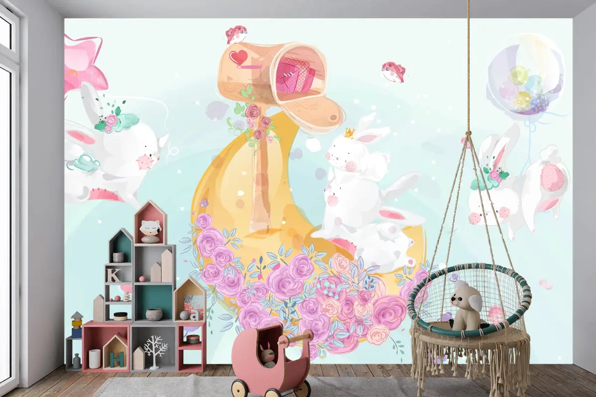 Renkli Suluboya Tarzında Sevimli Küçük Tavşan Çocuk Odası Duvar Kağıdı