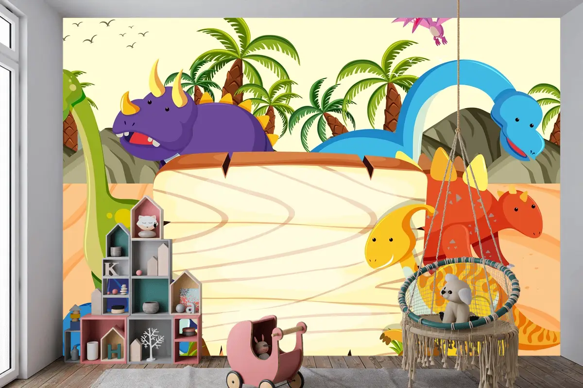 Bir Dinozor Ahşap Tahta Şablonu Çocuk Odası Duvar Kağıdı 
