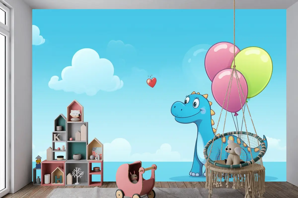 Gökyüzünde Balonları Olan Bir Ejderha Ve Çocuk Odası Duvar Kağıdı Nde Bir Kalp