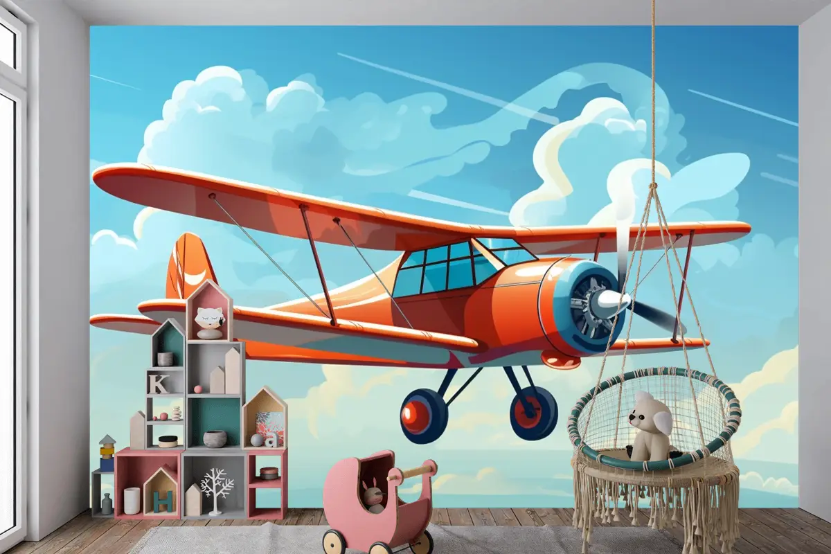 Önünde Pervaneden Alıntı Sözlerinin Bulunduğu Kırmızı Bir Uçağın Çizimi Çocuk Odası Duvar Kağıdı
