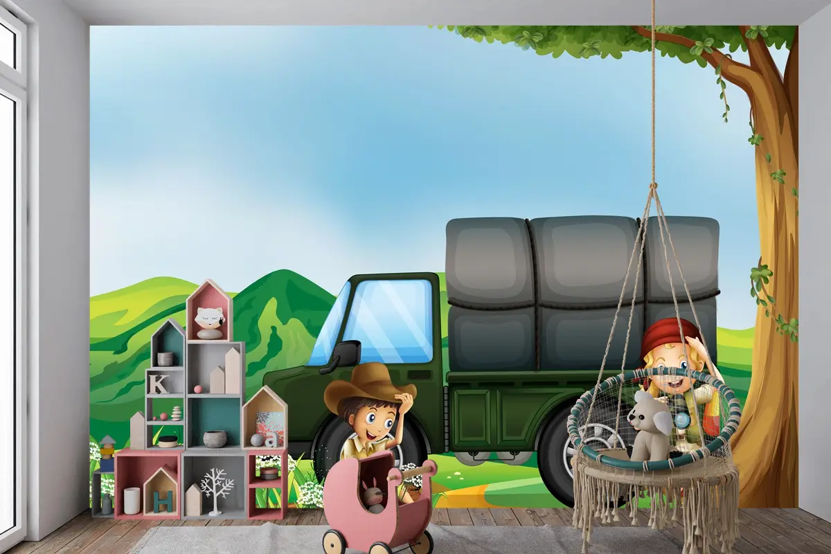Yeşil Kamyonun Yanında Bir Kız Ve Bir Erkek Çocuk Odası Duvar Kağıdı