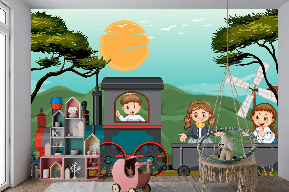 Doğal Sahneli Trende Bir Çocuk Bebek Odası Duvar Kağıdı