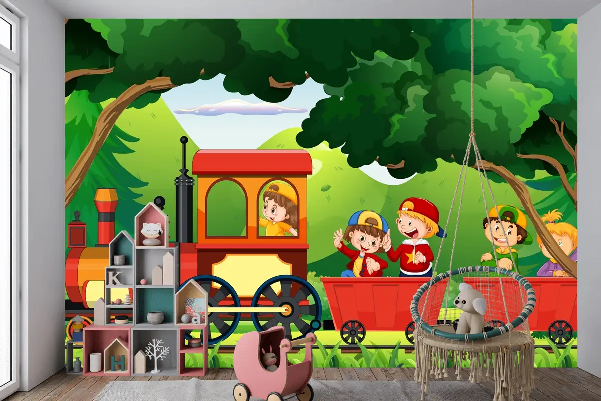 Doğal Sahneli Trendeki Çocuklar Çocuk Odası Duvar Kağıdı