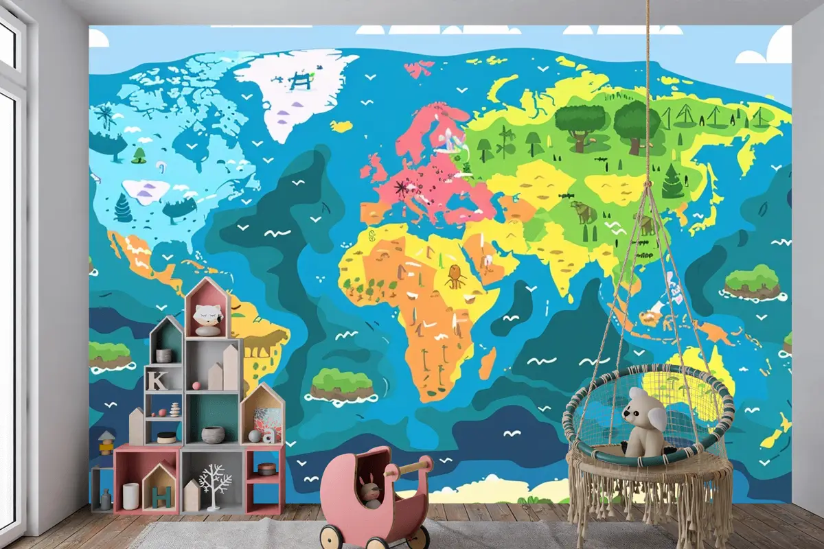 Üzerinde "Dünyadan Alıntı" Sözlerinin Bulunduğu Dünya Haritası Çocuk Odası Duvar Kağıdı