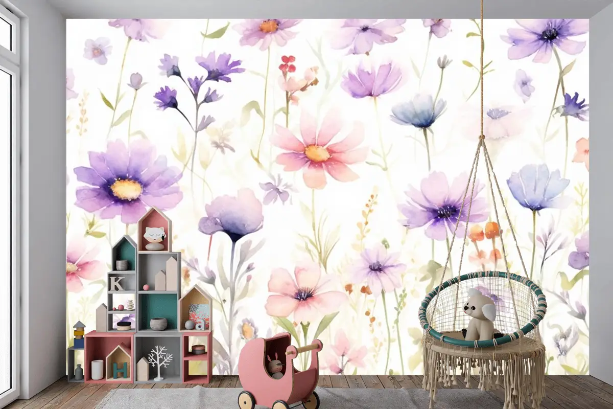 Beyaz Zemin Üzerine Bir Demet Çiçek Tablosu Çocuk Odası Duvar Kağıdı