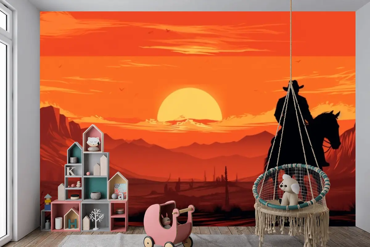Gün Batımı Önünde Ata Binen Bir Kovboy Tablosu Çocuk Odası Duvar Kağıdı
